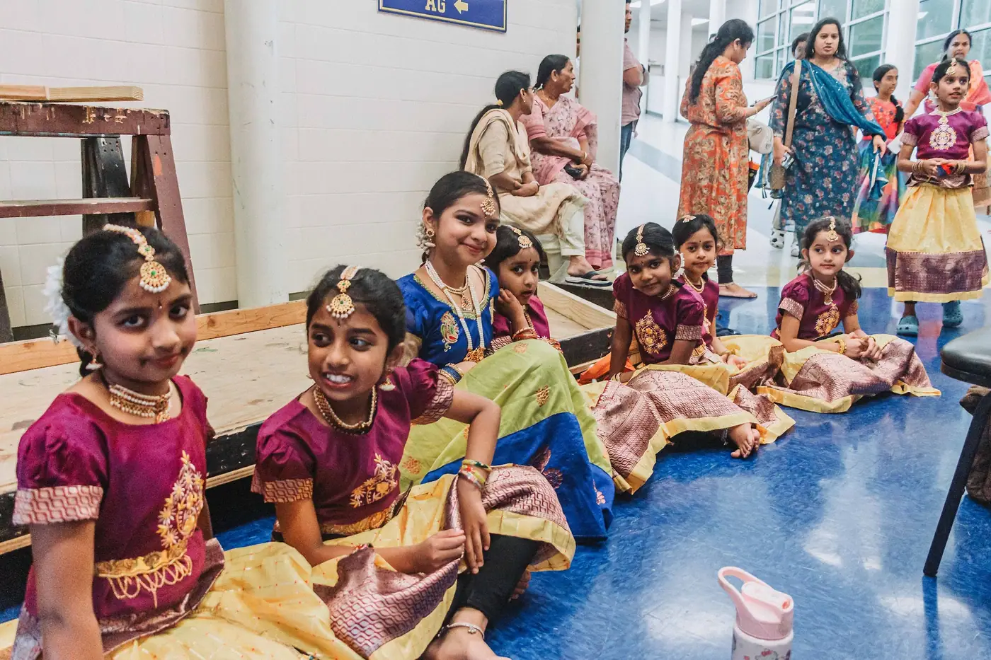 Bal Vikas children in costume waiting backstage before the Easwaramma Day programme