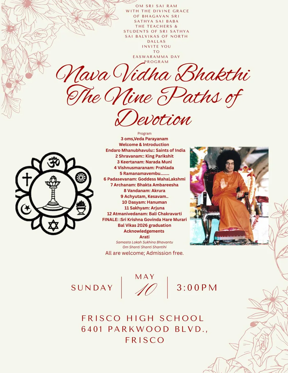 The printed invitation for Easwaramma Day 2026, titled Nava Vidha Bhakthi, the Nine Paths of Devotion