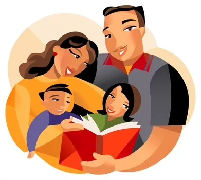 An illustration of two parents reading a book together with their two children