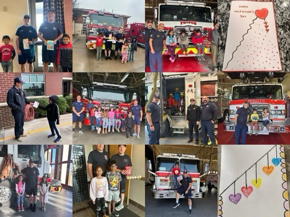 A collage of Bal Vikas children visiting a neighbourhood fire station with handmade thank-you cards