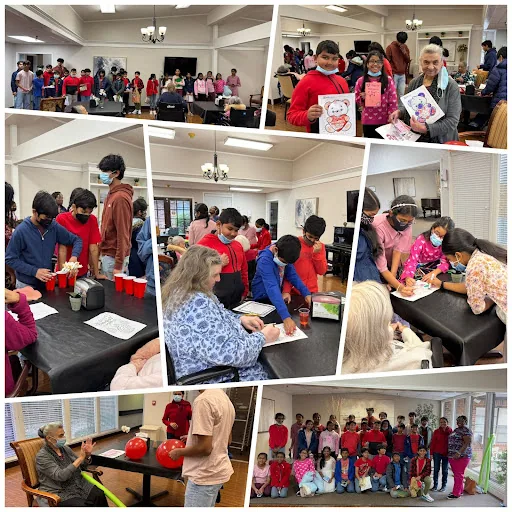 A collage of 5th grade students playing games and singing with residents at Heritage Manor