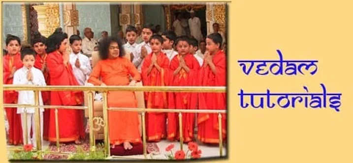 Children seated with Bhagawan Sri Sathya Sai Baba during a Veda class